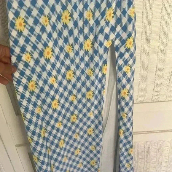 NWT Staud Lea Dress, Blue + White Gingham Daisy Plaid, Slit, Cap Sleeves, SZ 00 - Picture 7 of 8